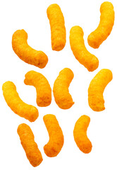 Obraz premium Corn snacks cheesy isolated on white background, Puff corn or Corn puffs cheese flavor on white PNG File..