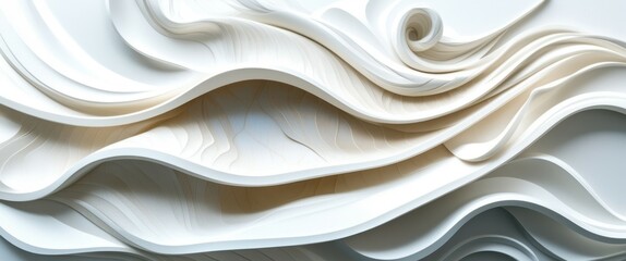 Obraz premium Abstract white waves, flowing curves, sculptural relief, 3D texture, organic shapes, smooth surfaces, undulating forms, minimalist design, architectural detail, light and shadow play, monochromatic pa