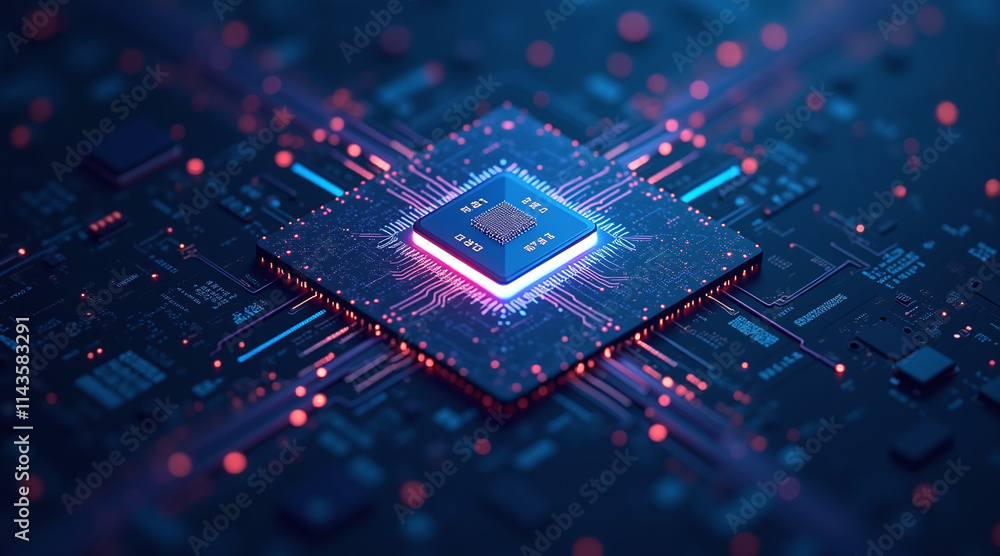 Poster a close-up of a chip or processor mounted on a printed circuit board.