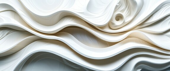 Fototapeta premium Abstract white waves, flowing curves, sculptural relief, 3D texture, organic shapes, smooth surfaces, undulating forms, minimalist design, architectural detail, light and shadow play, monochromatic pa