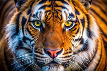 Fototapeta premium Bengal Tiger Eye Close Up, Macro Photography, Wildlife, Big Cat, Bokeh, Stripes, Intense Gaze, Feline, Predator, Nature, Animal Portrait, Wild Animal Photography, Striped Tiger Eye