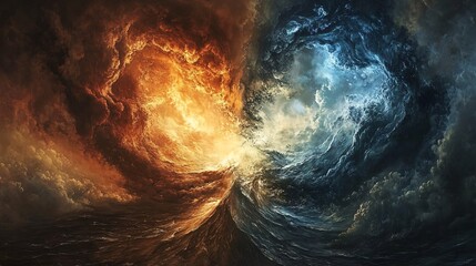 Fototapeta premium Dramatic Split Between Fiery Red and Cool Blue Oceans Under Turbulent Sky with Swirling Clouds and Chaotic Waves Capturing Nature's Duality and Intensity