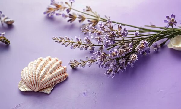 Sea shells and lavender flowers on pastel purple background