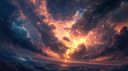 Majestic Sunset Over Ocean with Dramatic Clouds and Vibrant Colors Illuminating the Sky in a Breathtaking Display of Natural Beauty