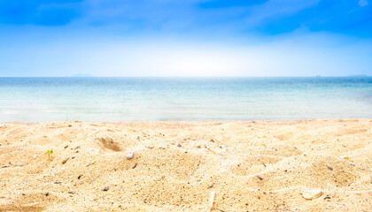 Nature of the beach and sea Summer with sunshine, sandy beaches, clear blue waters sparkling against the blue sky. On an island with good ecology and environment Background for summer vacation concept