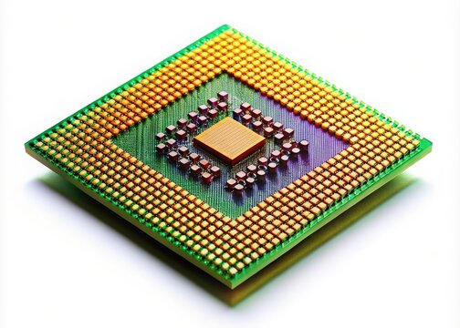 High-resolution aerial shot of a CPU chip, isolated on white.