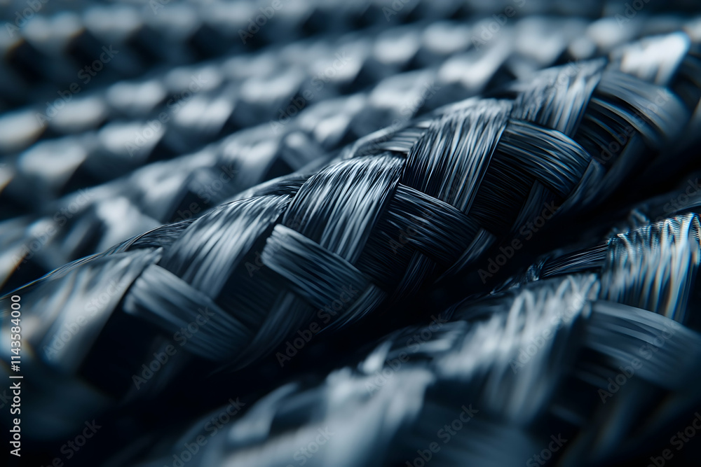 Poster close-up of dark, interwoven textile fibers with a complex weave pattern.