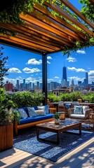 Obraz premium A stylish rooftop lounge with city skyline views, perfect for relaxation and social gatherings.