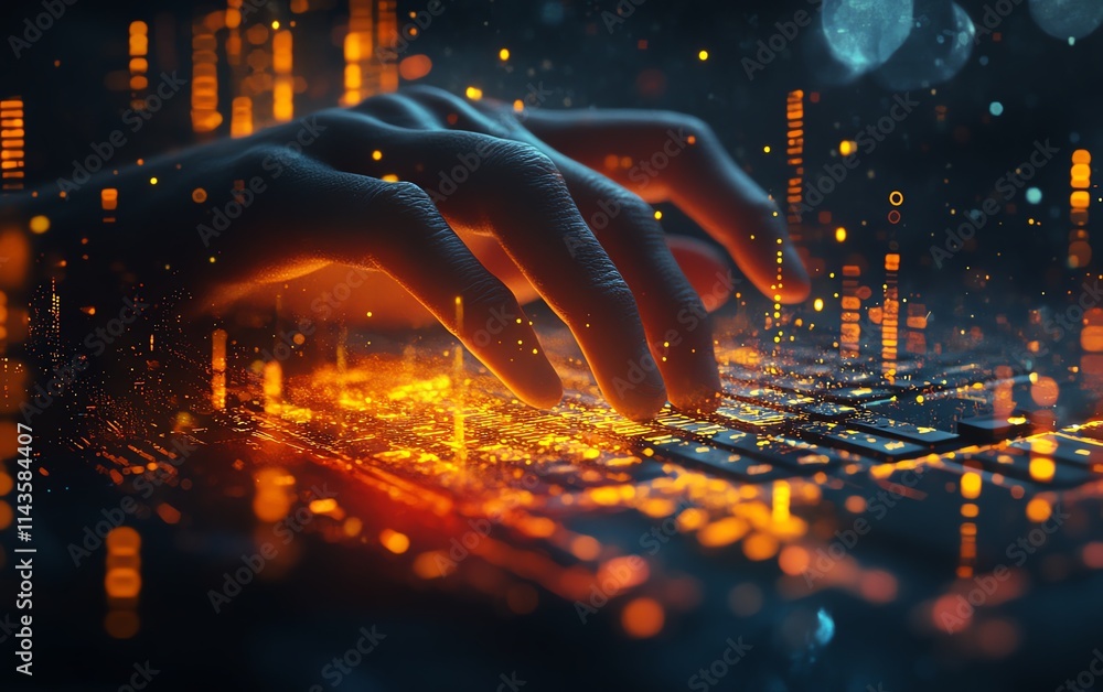 Poster a closeup of a hand typing on a keyboard with a digital screen in the background, aigenerated elemen