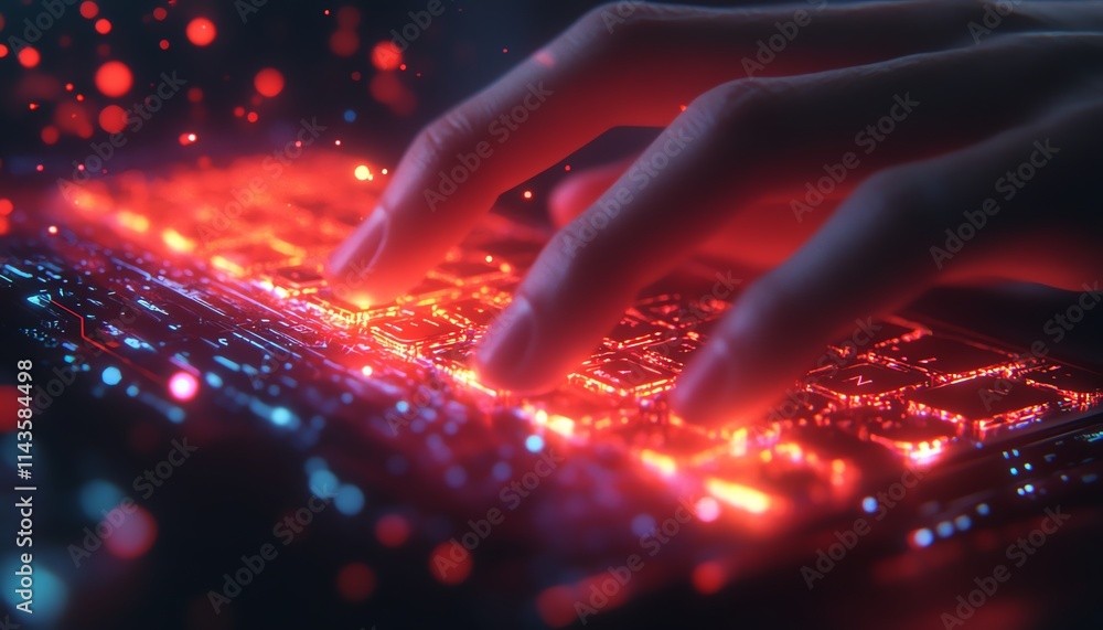 Aufkleber a closeup of a hand typing on a sleek keyboard, digital glow and aigenerated elements surrounding th