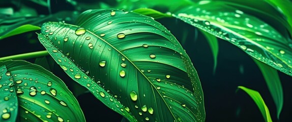 Fototapeta premium Lush green plant leaves, macro photography, water droplets, dew, vibrant emerald color, glossy foliage, tropical flora, high contrast, dark background, refreshing, nature close-up, botanical detail, h