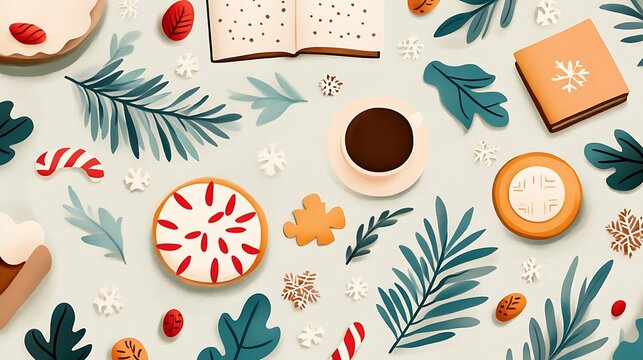 Festive Winter Inspiration for Seasonal Hobbies Featuring Decorative Treats, Cozy Moments, and Nature Elements in a Vibrant and Whimsical Graphic Design