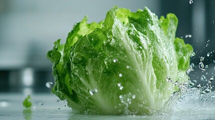 Fresh green lettuce head splashing in water.