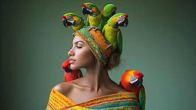 A woman wearing a colorful headdress with several parrots on it