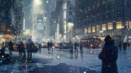 Snow falling over a bustling city square, people bundled up, capturing winter's impact on urban life