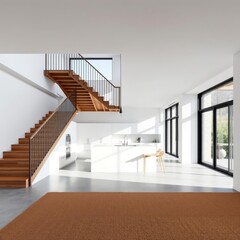 Obraz premium Modern white kitchen and dining room with a wooden staircase concrete floor and light brown carpet on the ground wood concrete design wood design concrete architecture wall floor modern