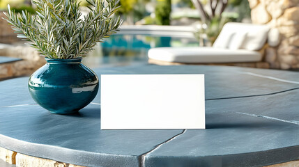 Blank card mockup, poolside patio, luxury resort, summer vibe, marketing.