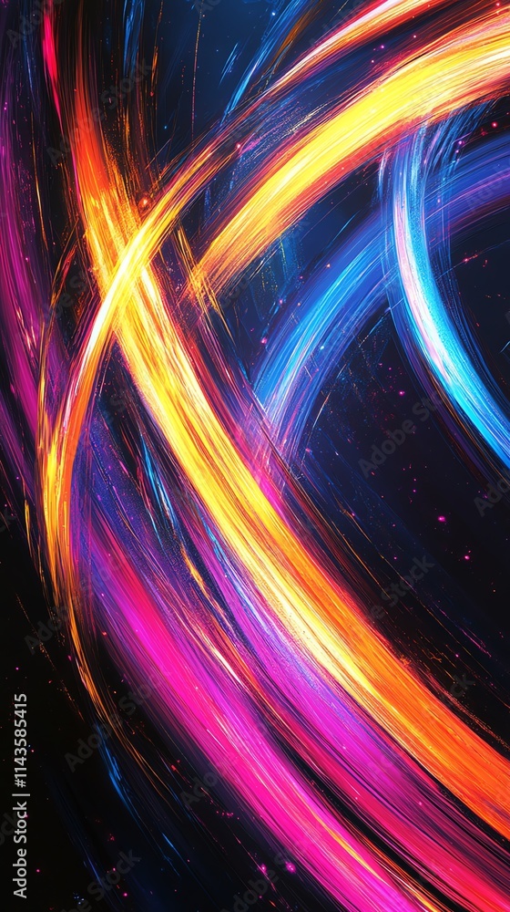 Poster a vibrant abstract design featuring swirling lines in bright colors against a dark background.