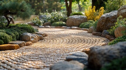 Serene garden path, stones, and lush greenery.