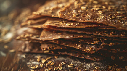 Stack of thinly sliced multigrain bread, seed texture, close-up with warm tones, earthy rustic background