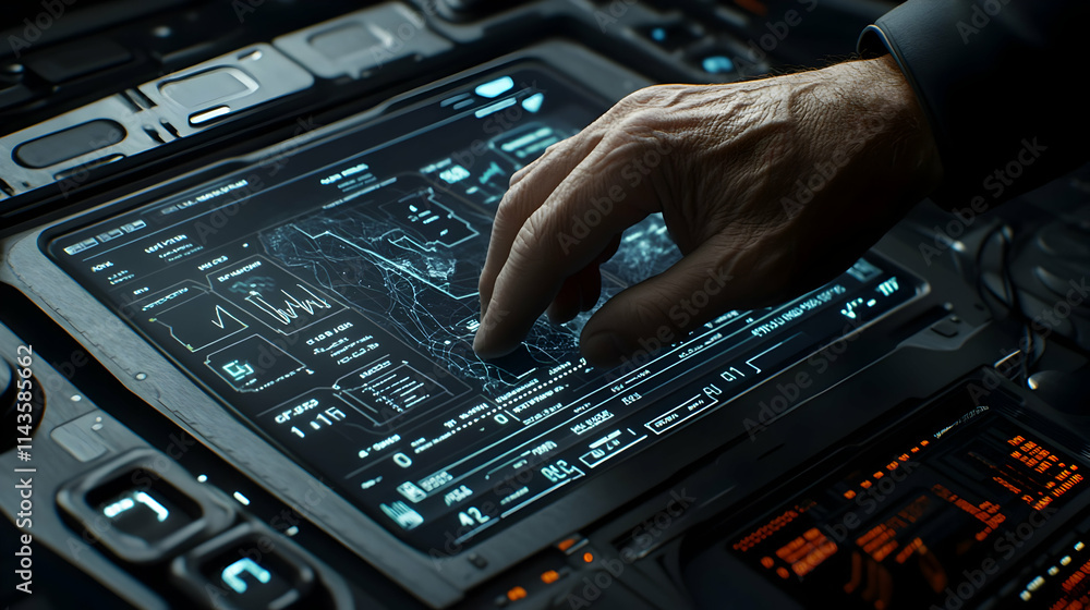 Poster close-up of hand interacting with futuristic digital interface displaying graphs and data.