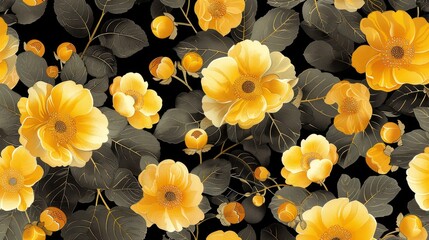Fototapeta premium Seamless pattern of yellow flowers and dark leaves on black background.