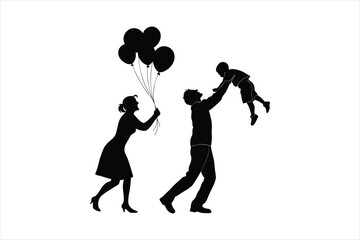 Silhouette of a Happy Family Playing with Balloons and Child, Joyful Family Bonding Scene