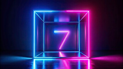 Glowing Neon Number Seven Silhouette 3D Render - UV Light Digital Symbol Square Box