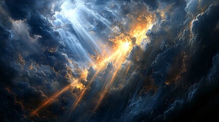 Fototapeta premium Dramatic Sky with Rays of Light Breaking Through Dark Storm Clouds Illuminating the Scene in a Captivating Display of Nature's Majesty