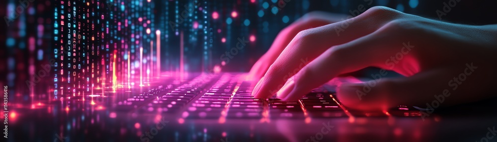Poster a hand typing on a glowing keyboard, with aigenerated data and holographic visuals surrounding the k