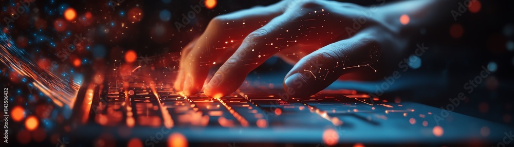 Poster a hand typing on a glowing keyboard, with aigenerated data and holographic visuals surrounding the k