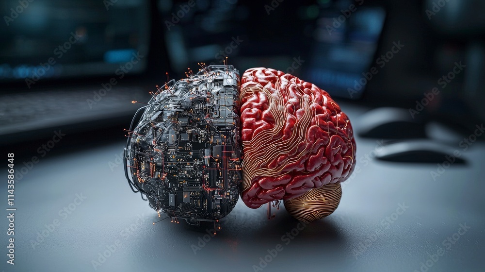 Poster The intersection of human intelligence and ai brain vs. Machine digital workspace art creation futuristic perspective