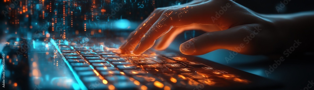 Aufkleber a hand typing on a glowing keyboard, with aigenerated data and holographic visuals surrounding the k