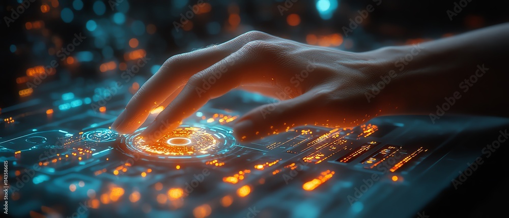 Poster a hand typing rapidly on a futuristic keyboard, glowing keys and aigenerated graphics illuminating t