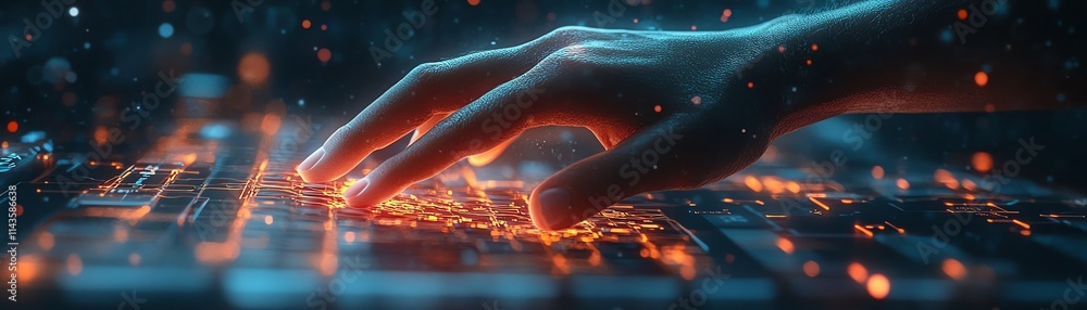 Poster a hand typing swiftly on a glowing keyboard, surrounded by aigenerated elements, representing the in