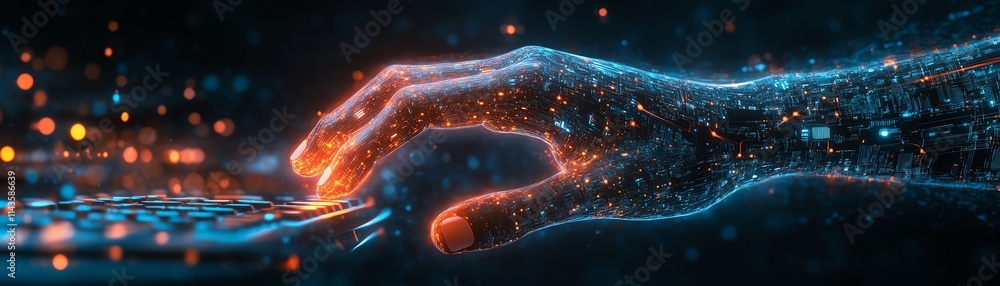 Poster a hand typing swiftly on a glowing keyboard, surrounded by aigenerated elements, representing the in