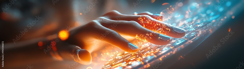 Poster a hand typing swiftly on a glowing keyboard, surrounded by aigenerated elements, representing the in