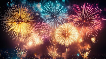 Naklejka premium Colorful Fireworks Display Over Cityscape, A vibrant fireworks display lighting up the night sky above a city, showcasing dazzling colors and festive celebration.