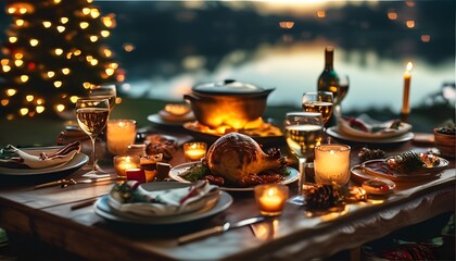 Festive dinner celebration by the lakeside gourmet cuisine outdoor setting romantic ambiance warm lighting holiday spirit