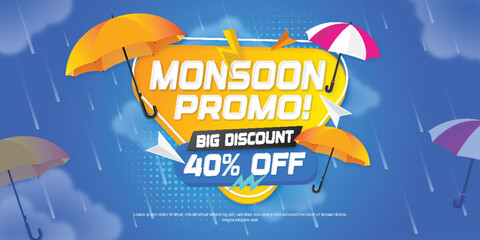Flat horizontal banner template for monsoon season sale promo and discount