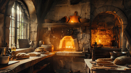 Traditional bread baking in ancient stone oven, warm earthy tones, rustic historical atmosphere, cozy inviting lighting