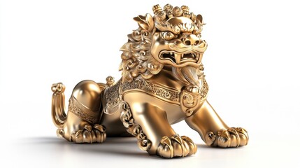 Golden Chinese Guardian Lion Statue, 3D Render, Isolated on White