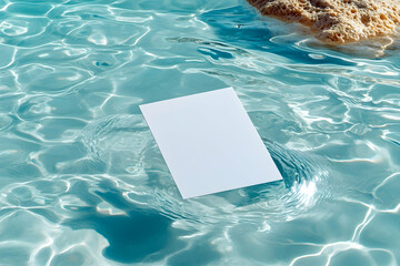 Blank paper mockup floating on turquoise water near rocks; summer vacation brochure design.