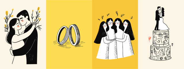 Hand drawn whimsical style wedding day illustrations. simple graphics for a beautiful bride and groom marriage invitation cards