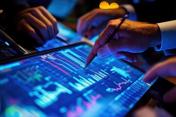 Close-up of investors pointing at financial data on laptops, while partners jot down notes and evaluate performance metrics.