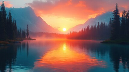 Fototapeta premium Zoom Virtual Background: Stunning sunset over a tranquil lake surrounded by mountains and trees. Sunshine Wallpaper