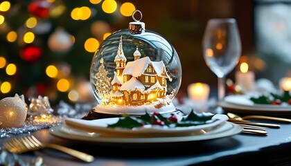 Enchanting christmas snow globe display on elegant dinner table festive atmosphere holiday decor cozy indoor setting captivating viewpoint