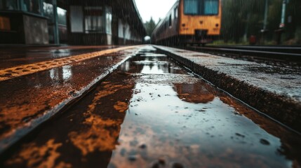 Obraz premium Rainy Day Train Station Platform Reflections
