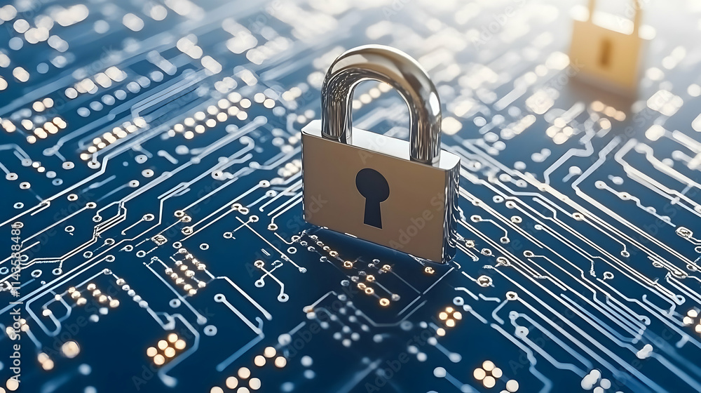 Poster close-up of padlock on circuit board; cybersecurity concept.