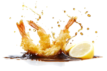 Golden tempura shrimp with soy sauce splashes and lemon slices isolated on transparent background, cut out, PNG